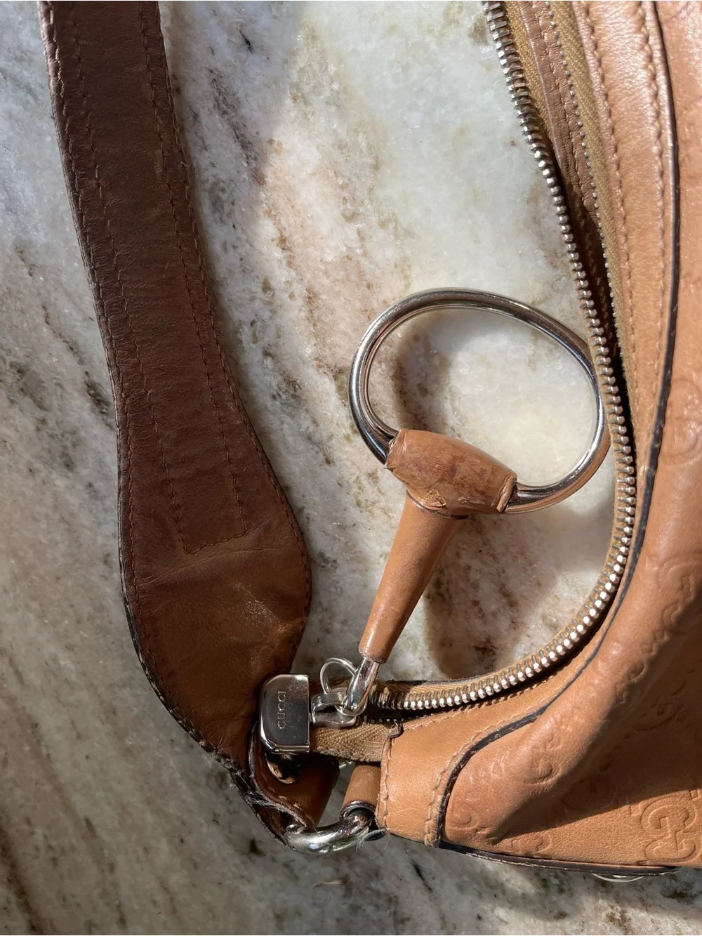 Gucci Guccisima Tan Beige Embossed Leather One Strap Hobo Purse Silver Hardware